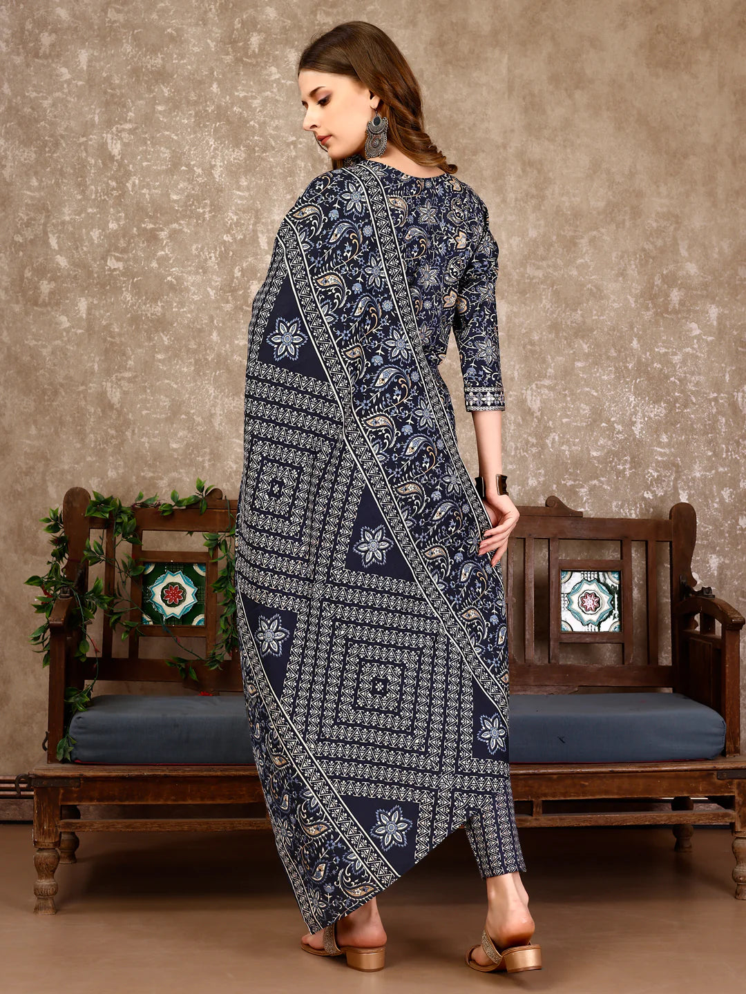 Women's Teal Blue Embroidered And Printed Cotton Kurta Pant With Dupatta