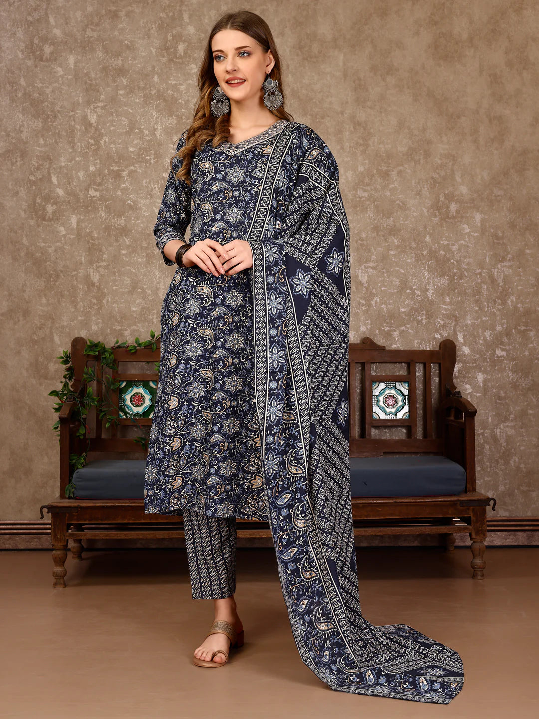 Women's Teal Blue Embroidered And Printed Cotton Kurta Pant With Dupatta