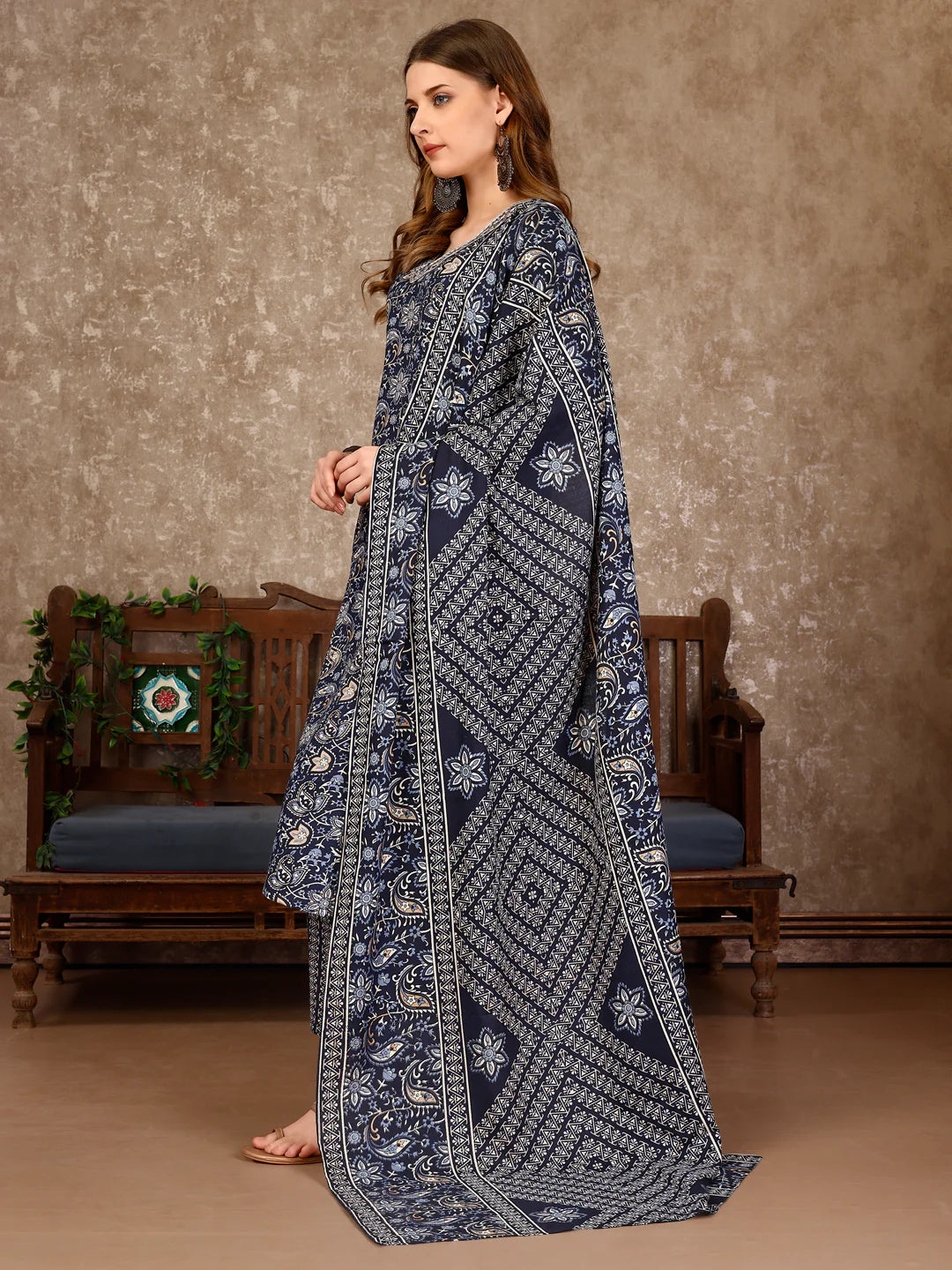 Women's Teal Blue Embroidered And Printed Cotton Kurta Pant With Dupatta