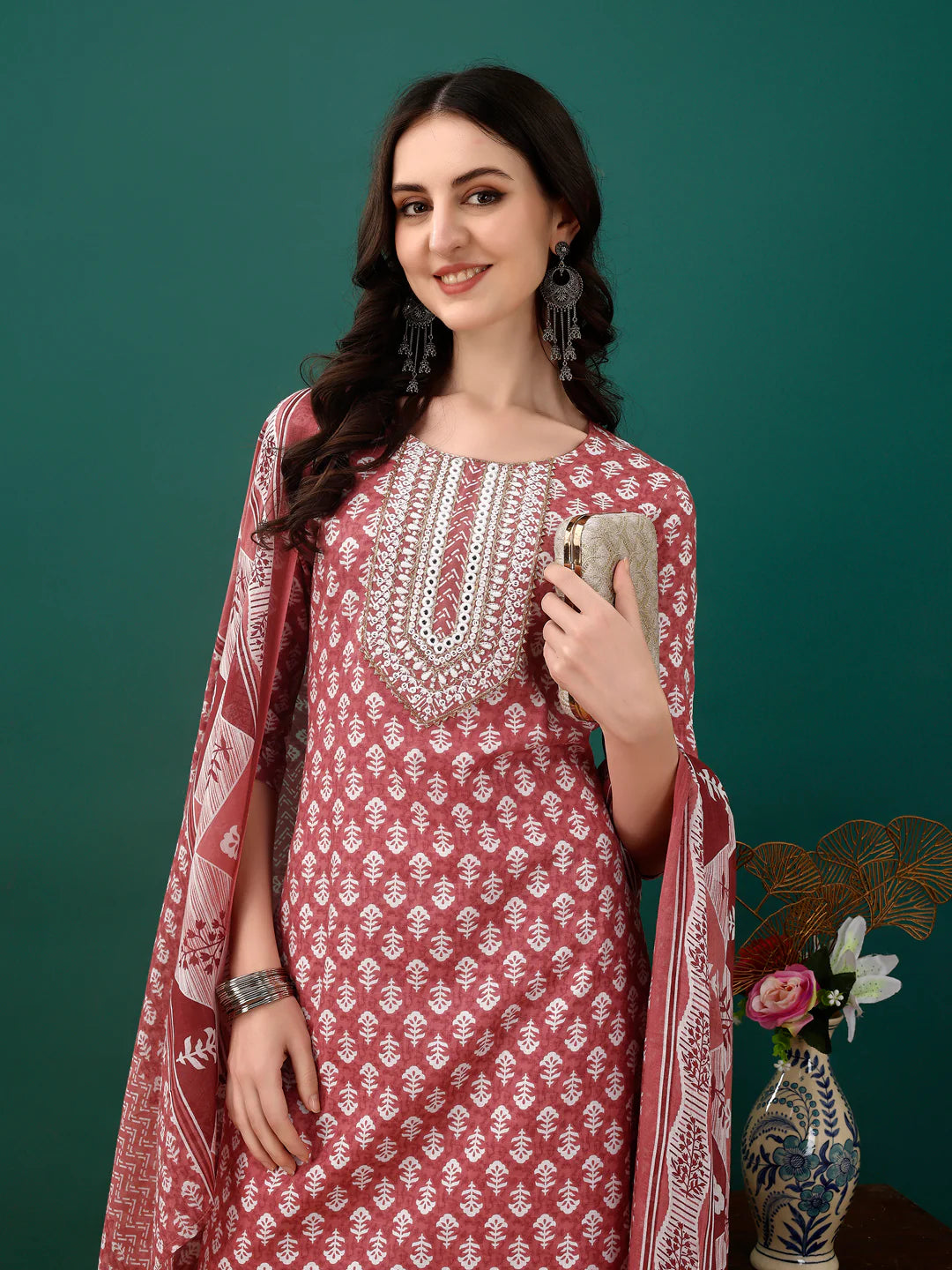 Women's Pink Embroidered And Printed Cotton Kurta Pant With Dupatta