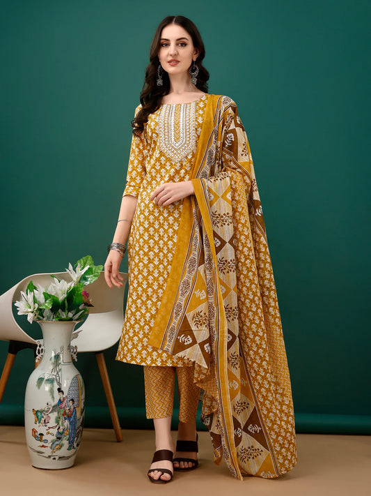 Women's Mustard Yellow Embroidered And Printed Cotton Kurta Pant With Dupatta