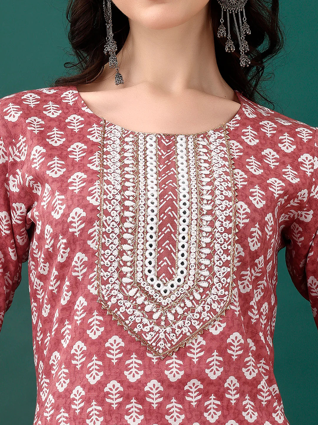 Women's Pink Embroidered And Printed Cotton Kurta Pant With Dupatta