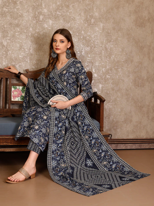 Women's Teal Blue Embroidered And Printed Cotton Kurta Pant With Dupatta