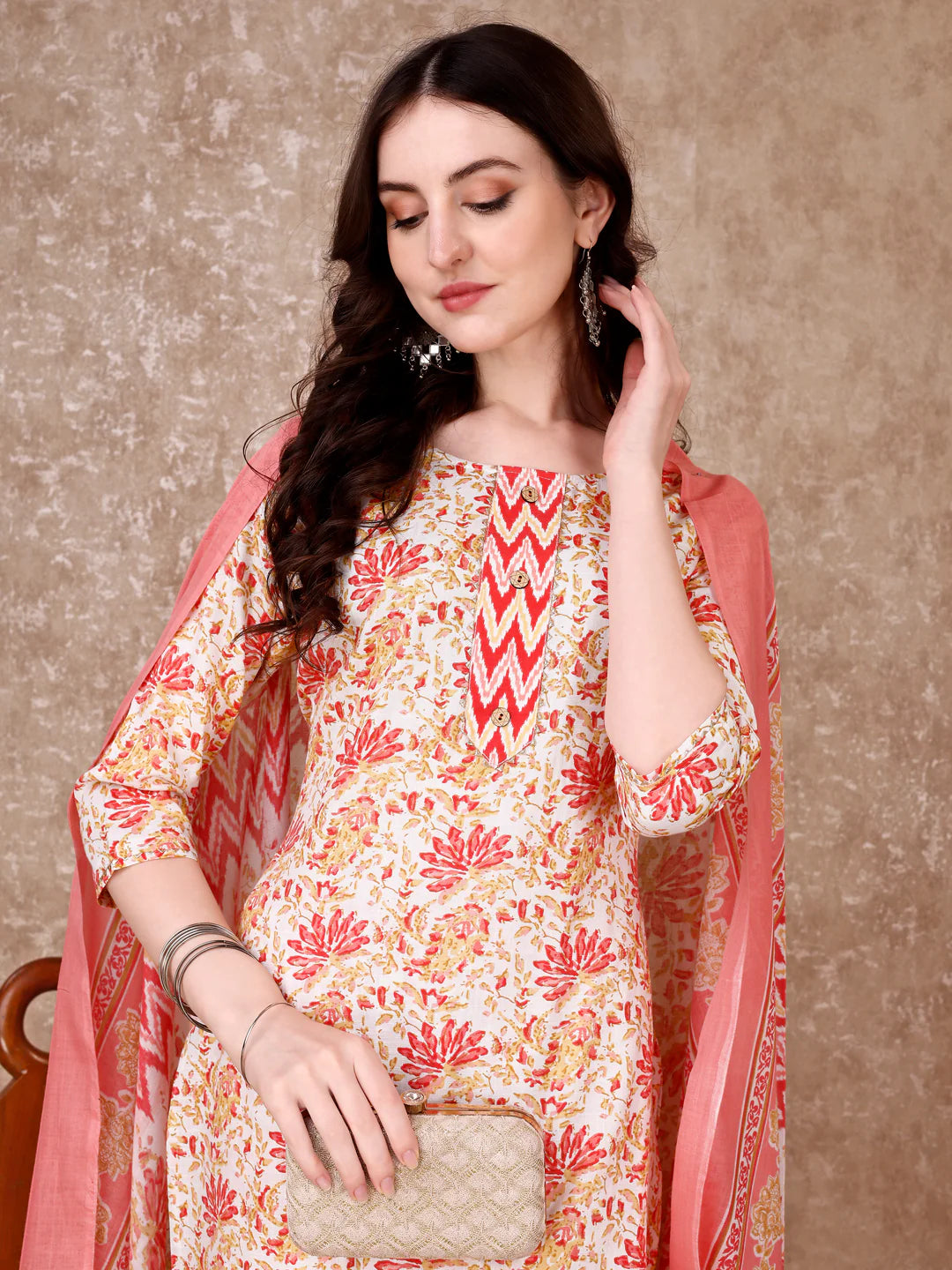 Women's Pink Floral Printed Cotton Kurta Pant With Dupatta