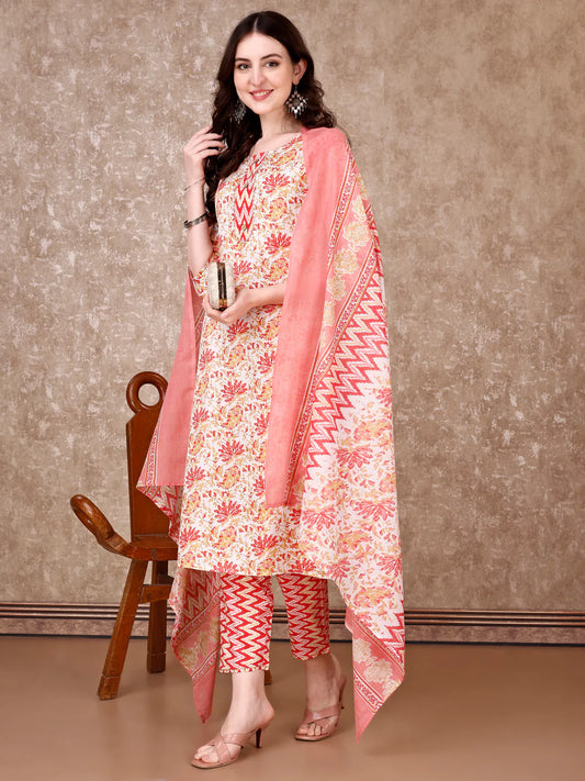 Women's Pink Floral Printed Cotton Kurta Pant With Dupatta
