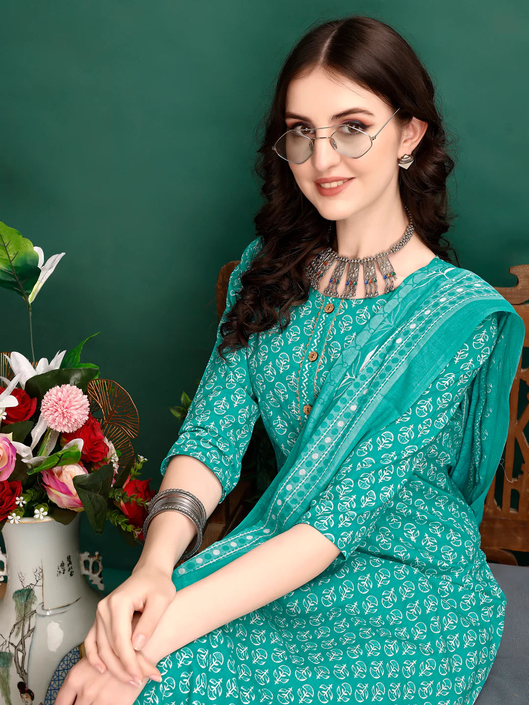 Ethnic Motifs Printed Sky Blue Cotton Kurta Pant With Dupatta