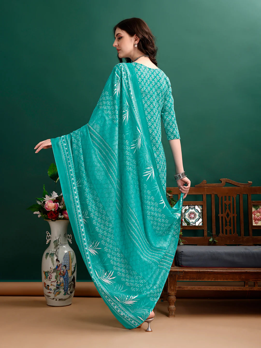 Ethnic Motifs Printed Sky Blue Cotton Kurta Pant With Dupatta