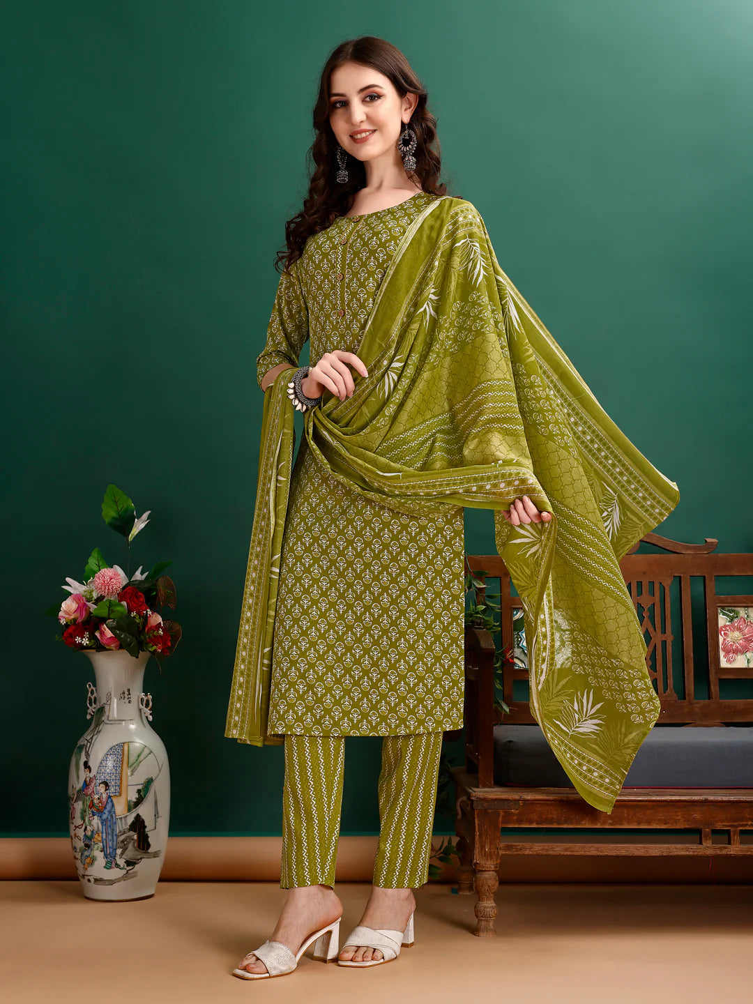 Ethnic Motifs Printed Green Cotton Kurta Pant With Dupatta