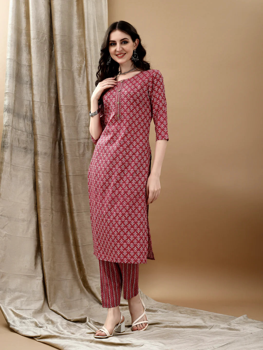 Ethnic Motifs Printed Pink Cotton Kurta Pant With Dupatta