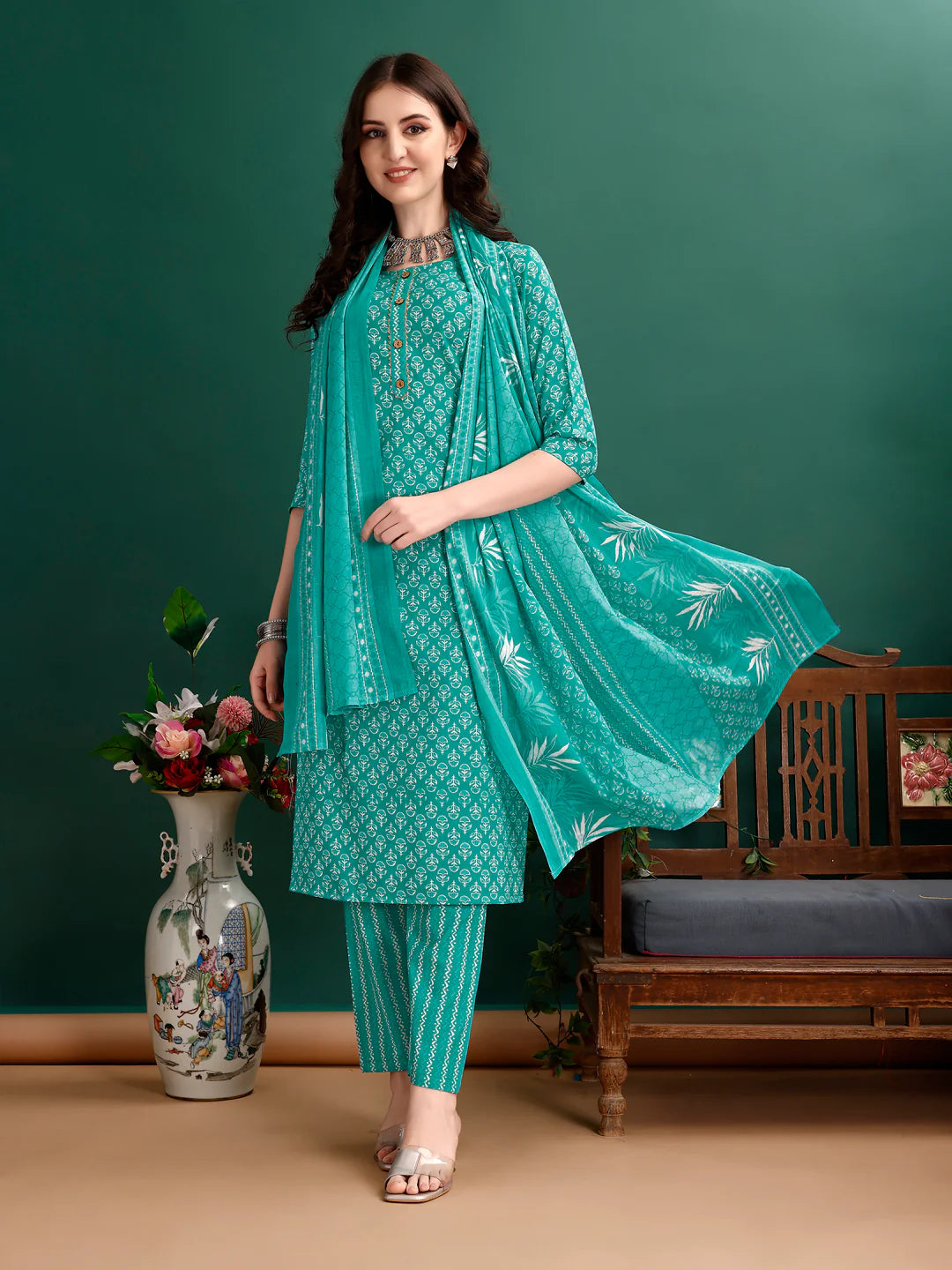 Ethnic Motifs Printed Sky Blue Cotton Kurta Pant With Dupatta
