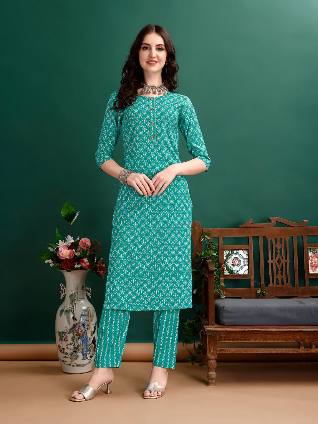 Ethnic Motifs Printed Sky Blue Cotton Kurta Pant With Dupatta