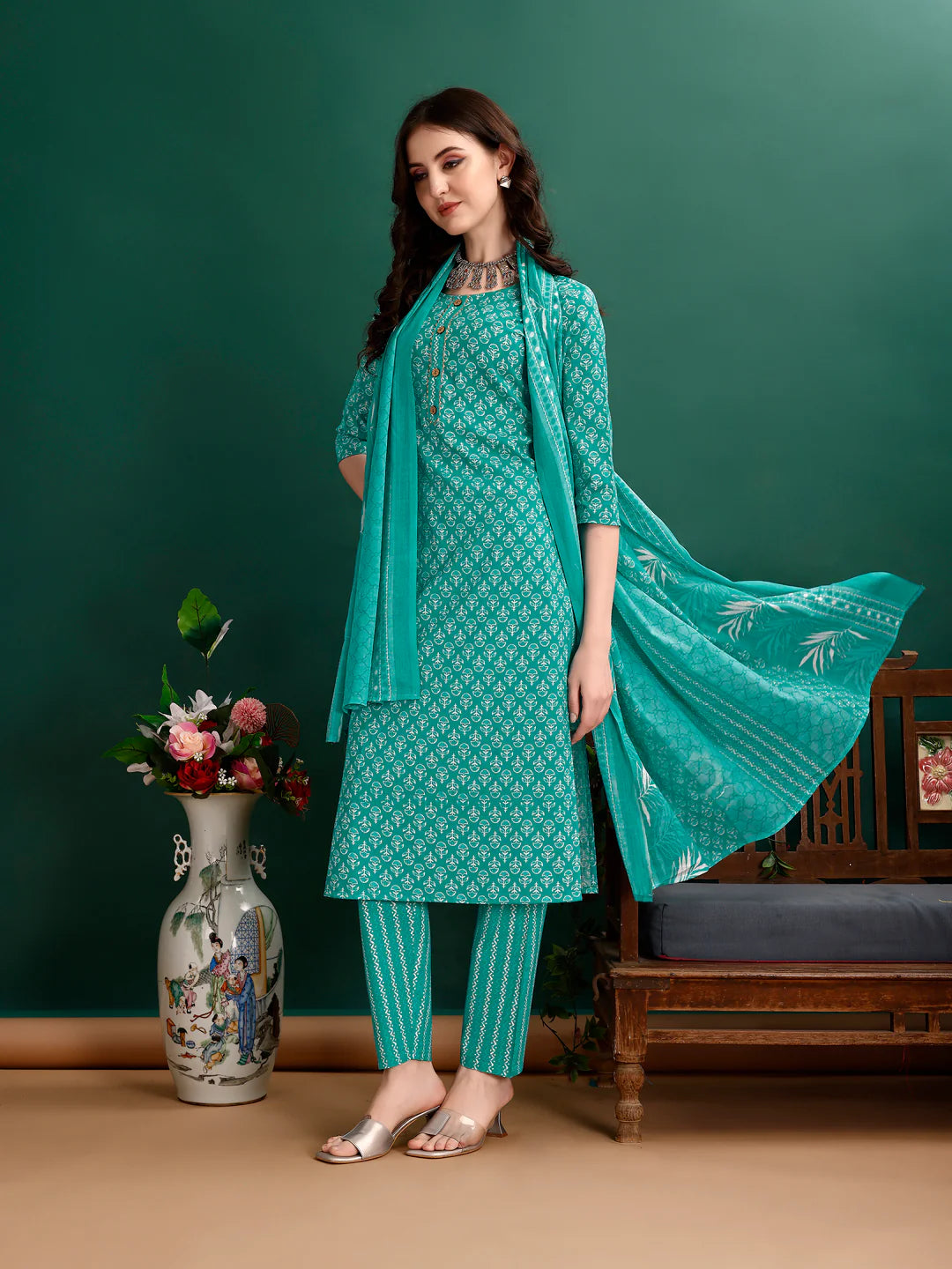 Ethnic Motifs Printed Sky Blue Cotton Kurta Pant With Dupatta
