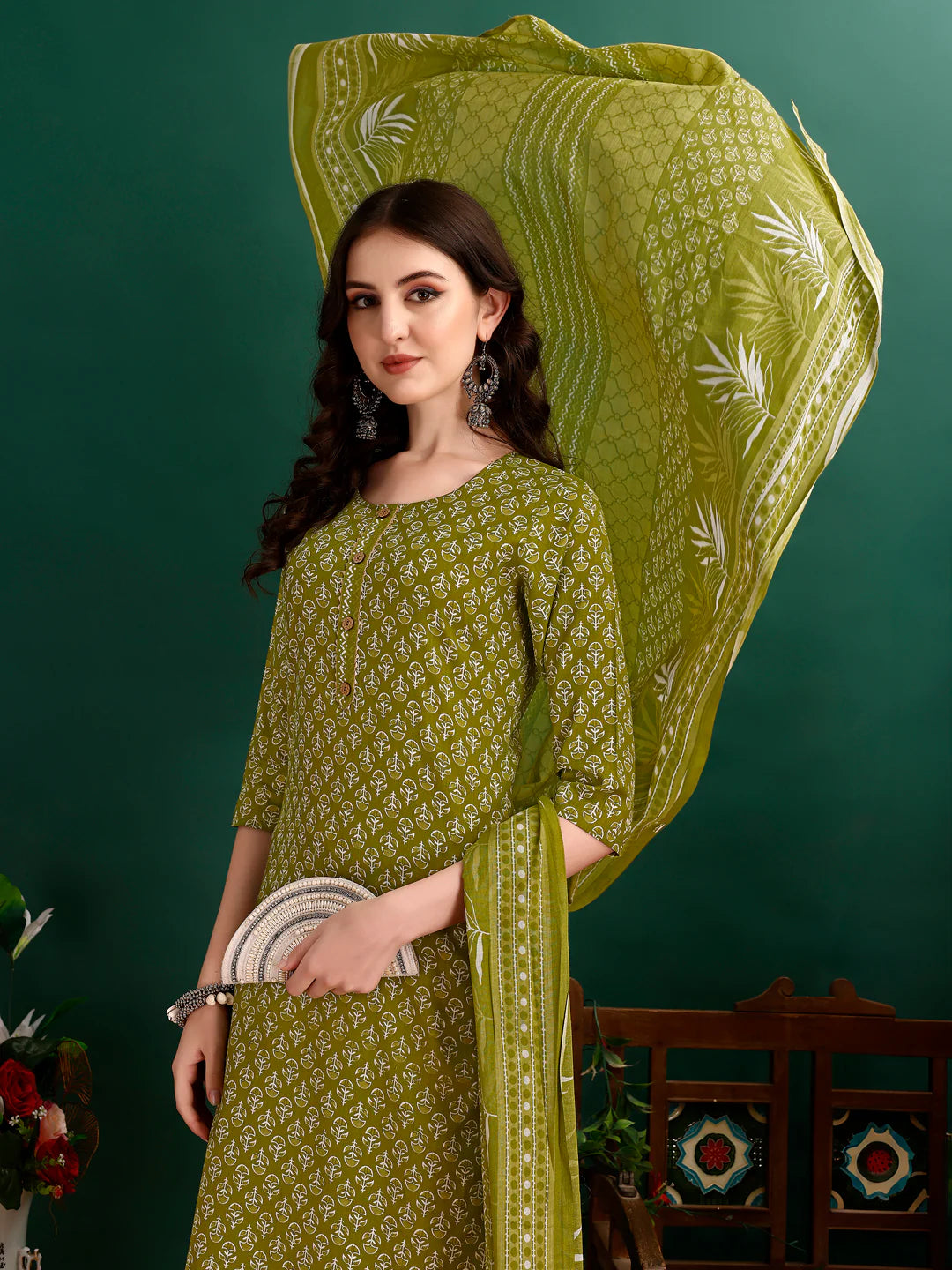 Ethnic Motifs Printed Green Cotton Kurta Pant With Dupatta