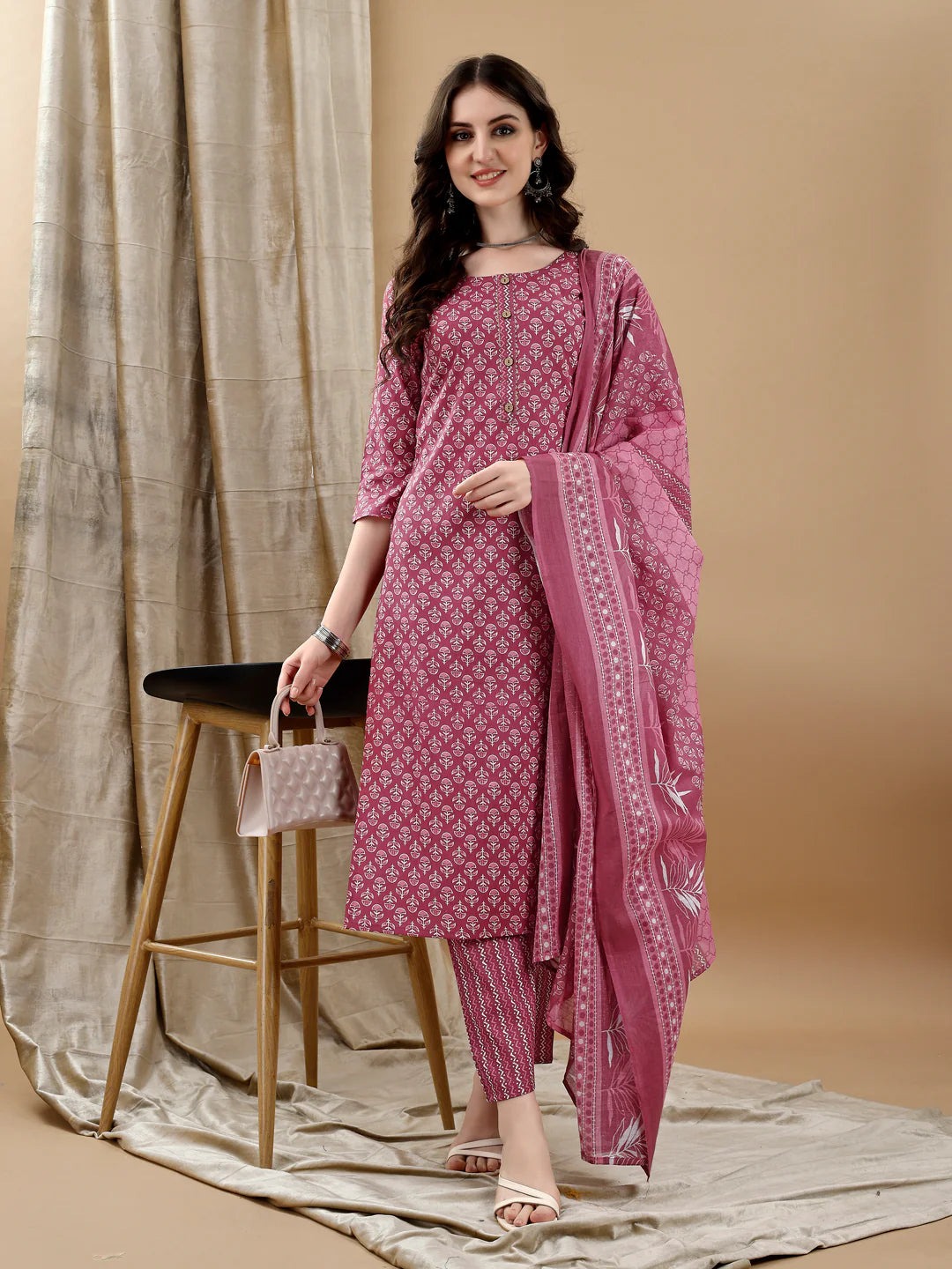Ethnic Motifs Printed Pink Cotton Kurta Pant With Dupatta