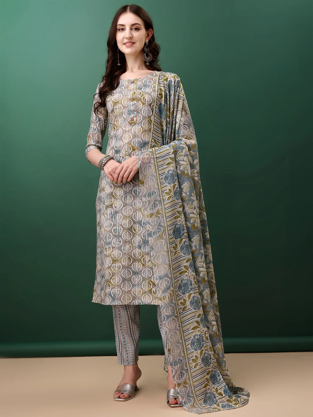 Floral Printed Blue Cotton Kurta Pant With Dupatta