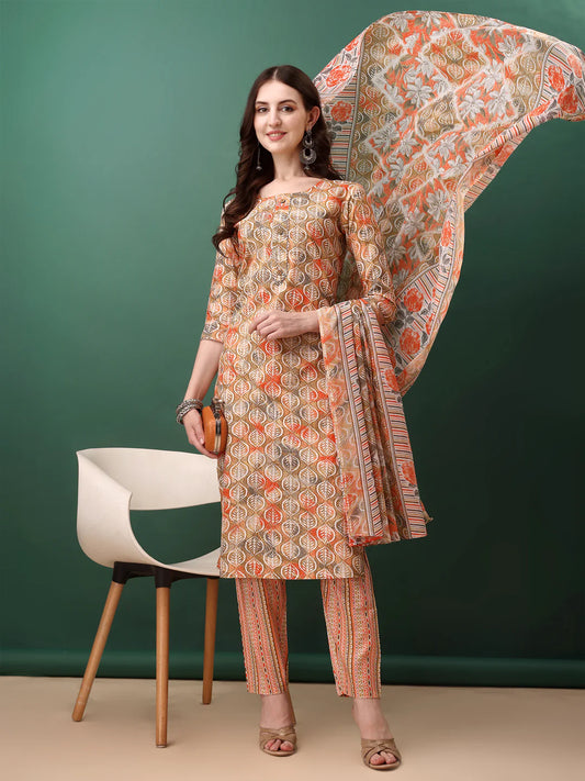 Charming Orange Floral Printed Premium Cotton Kurta Pant With Dupatta