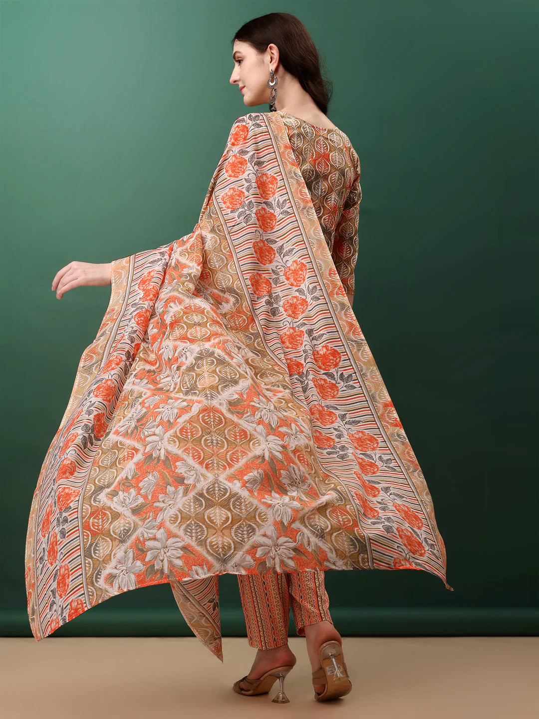 Charming Orange Floral Printed Premium Cotton Kurta Pant With Dupatta