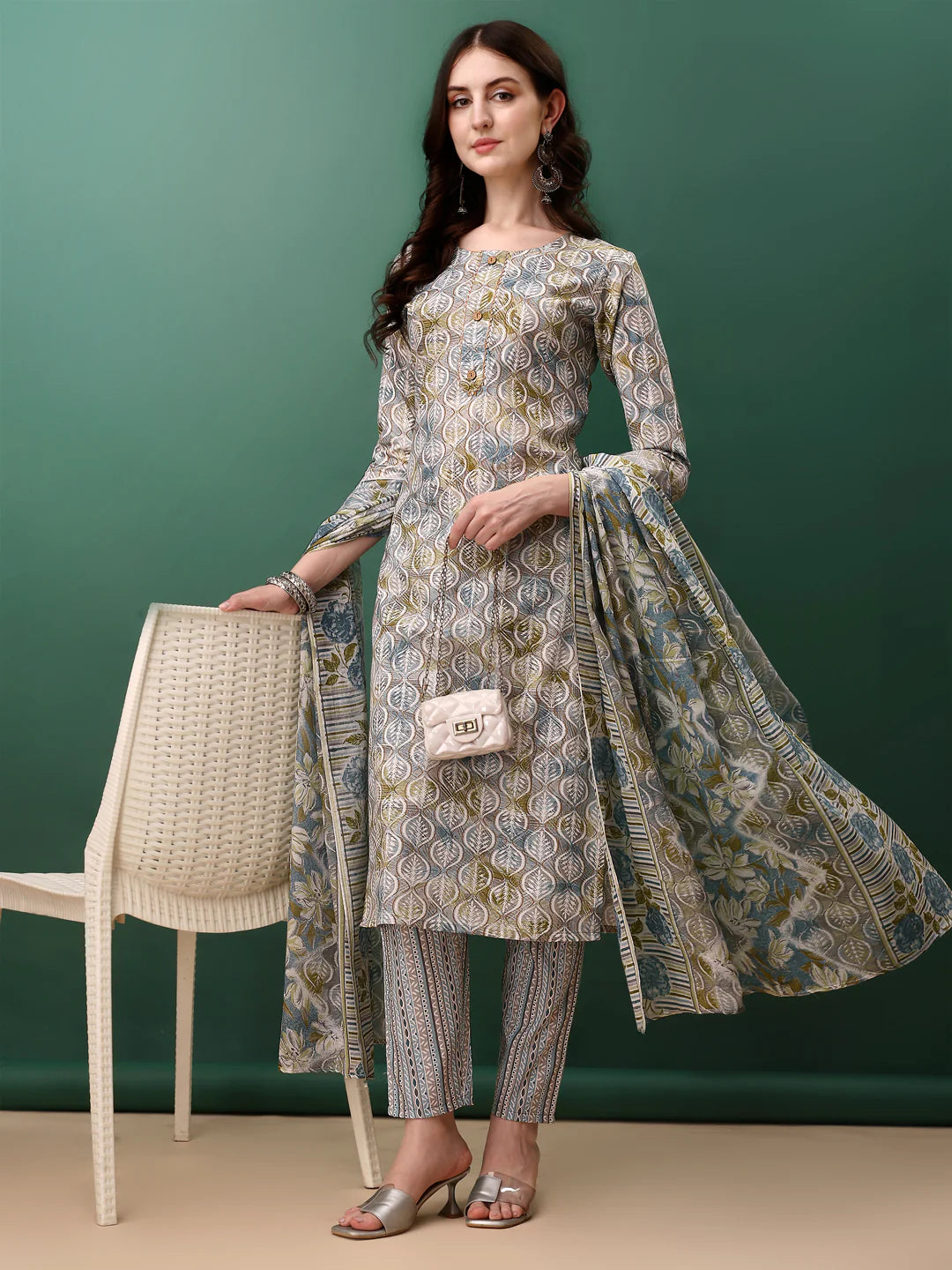 Floral Printed Blue Cotton Kurta Pant With Dupatta