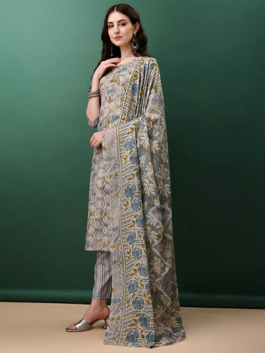 Floral Printed Blue Cotton Kurta Pant With Dupatta