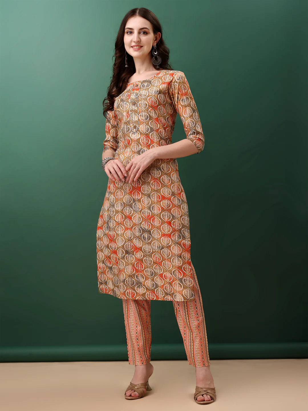 Charming Orange Floral Printed Premium Cotton Kurta Pant With Dupatta