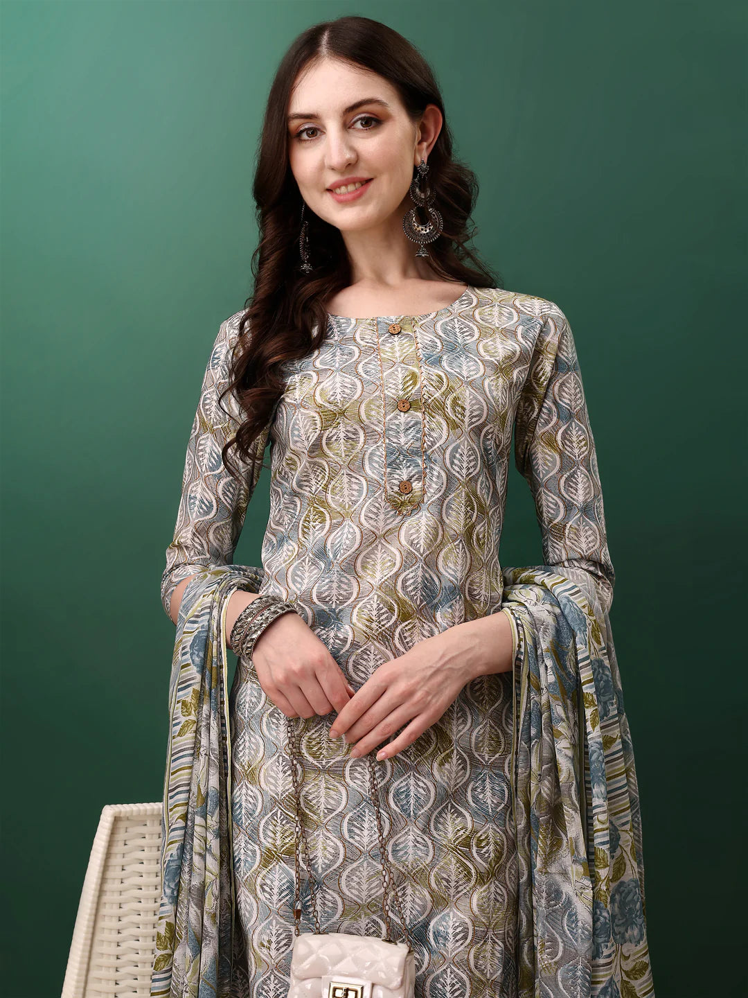 Floral Printed Blue Cotton Kurta Pant With Dupatta
