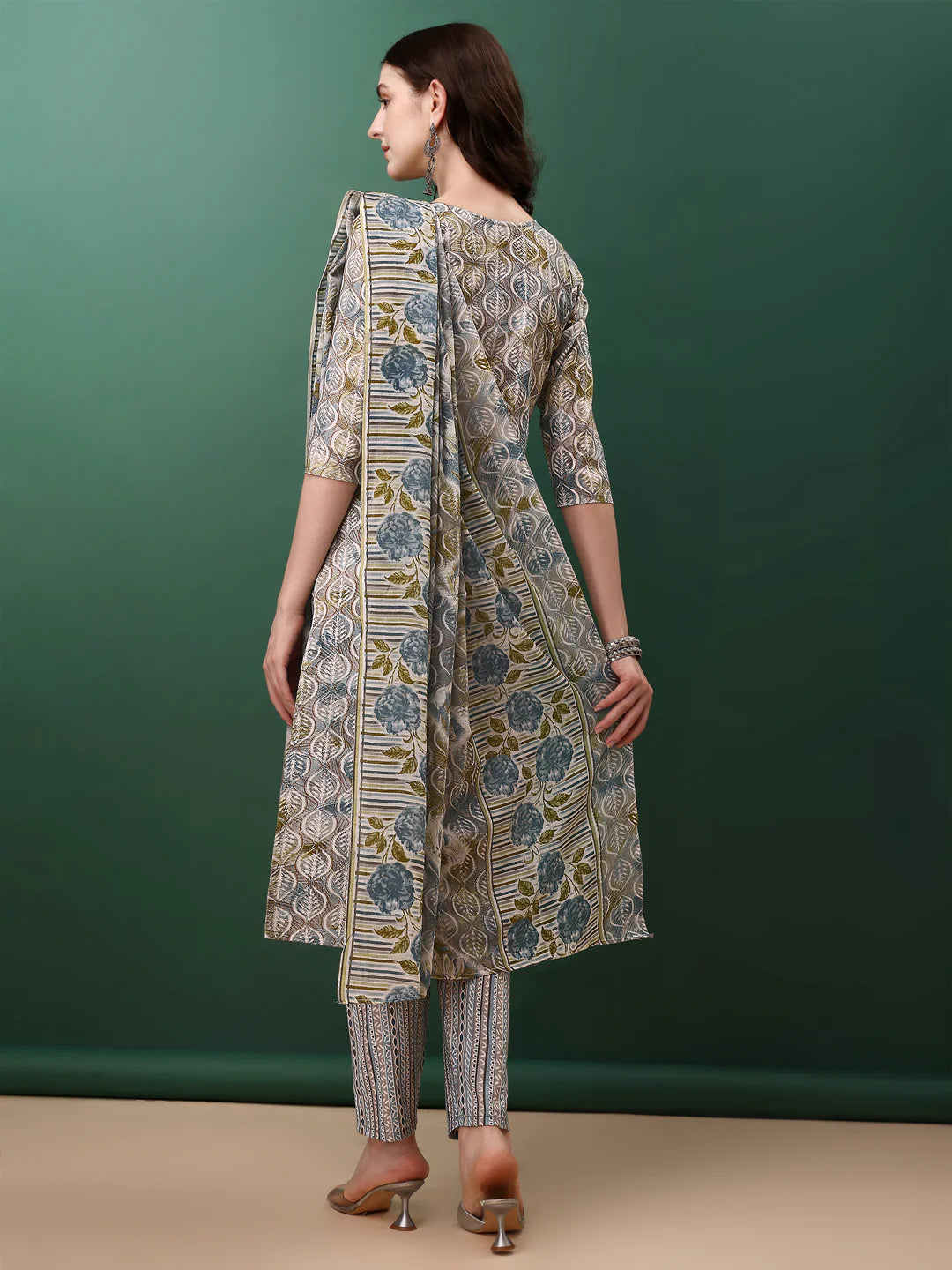 Floral Printed Blue Cotton Kurta Pant With Dupatta