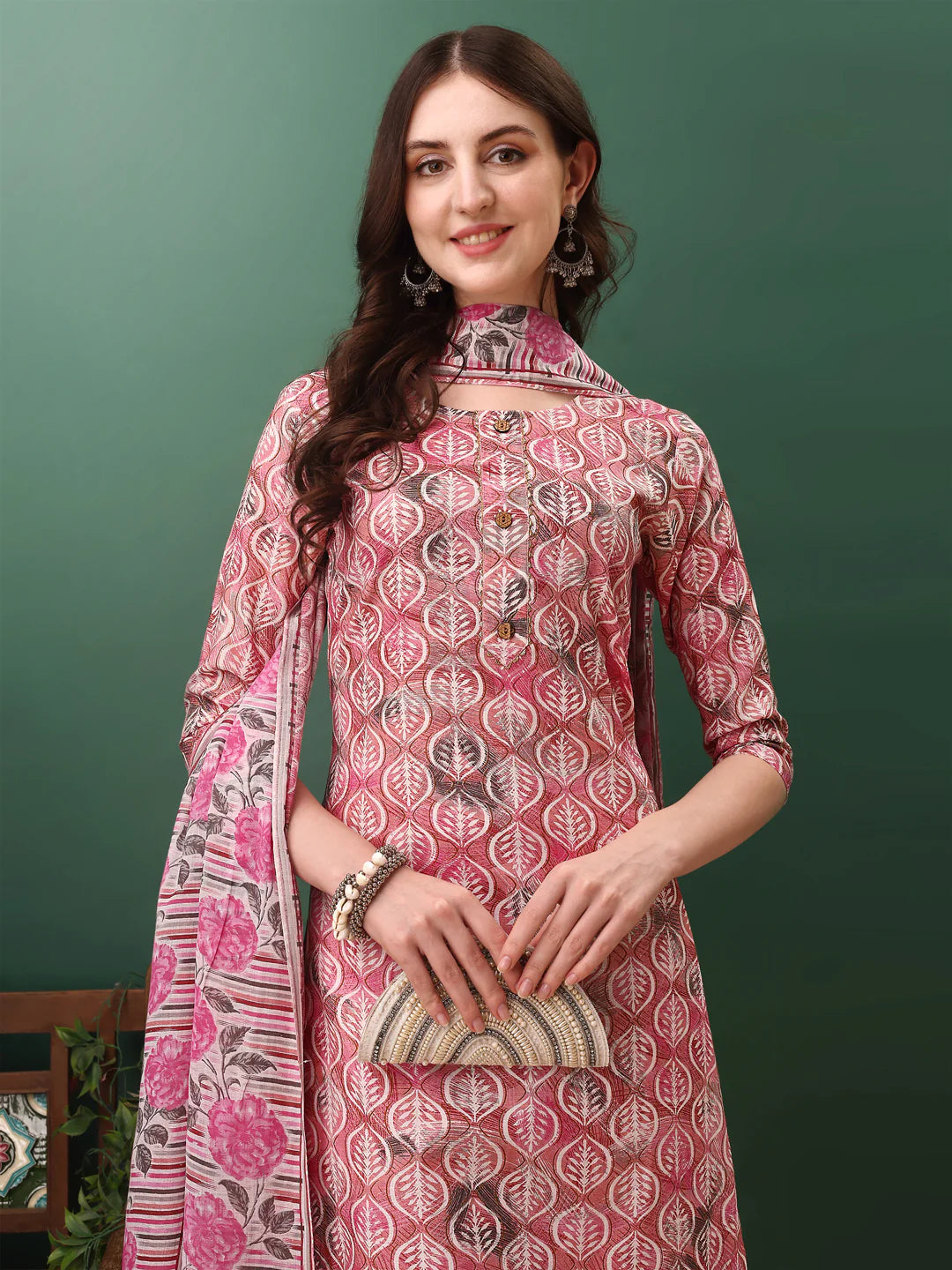 Pinky Pink Floral Printed Cotton Kurta Pant With Dupatta