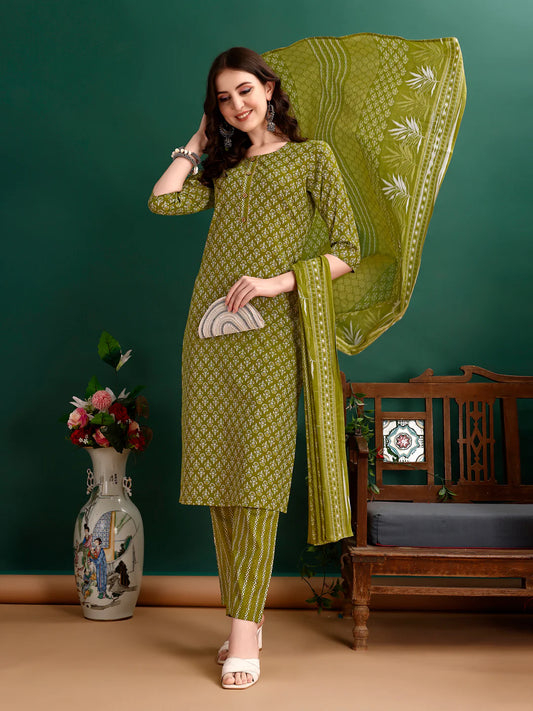 Ethnic Motifs Printed Green Cotton Kurta Pant With Dupatta