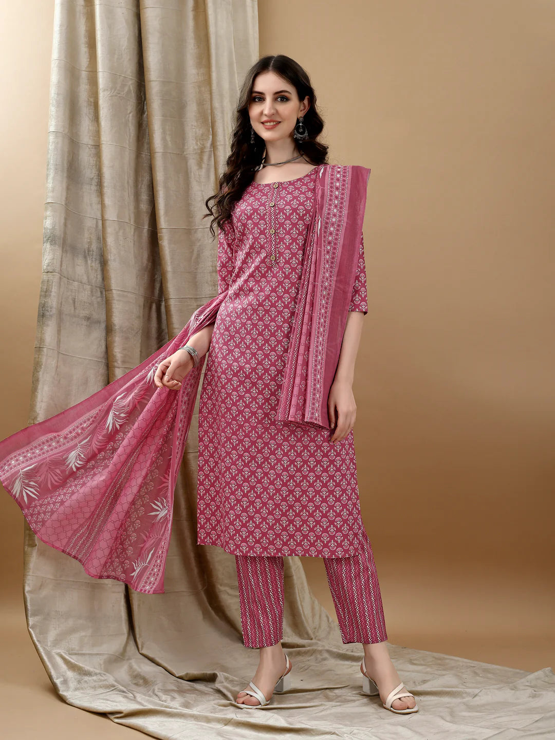Ethnic Motifs Printed Pink Cotton Kurta Pant With Dupatta