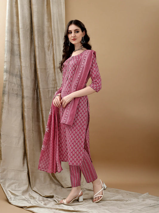 Ethnic Motifs Printed Pink Cotton Kurta Pant With Dupatta