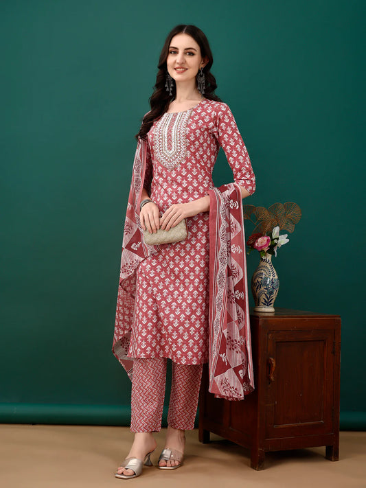 Women's Pink Embroidered And Printed Cotton Kurta Pant With Dupatta
