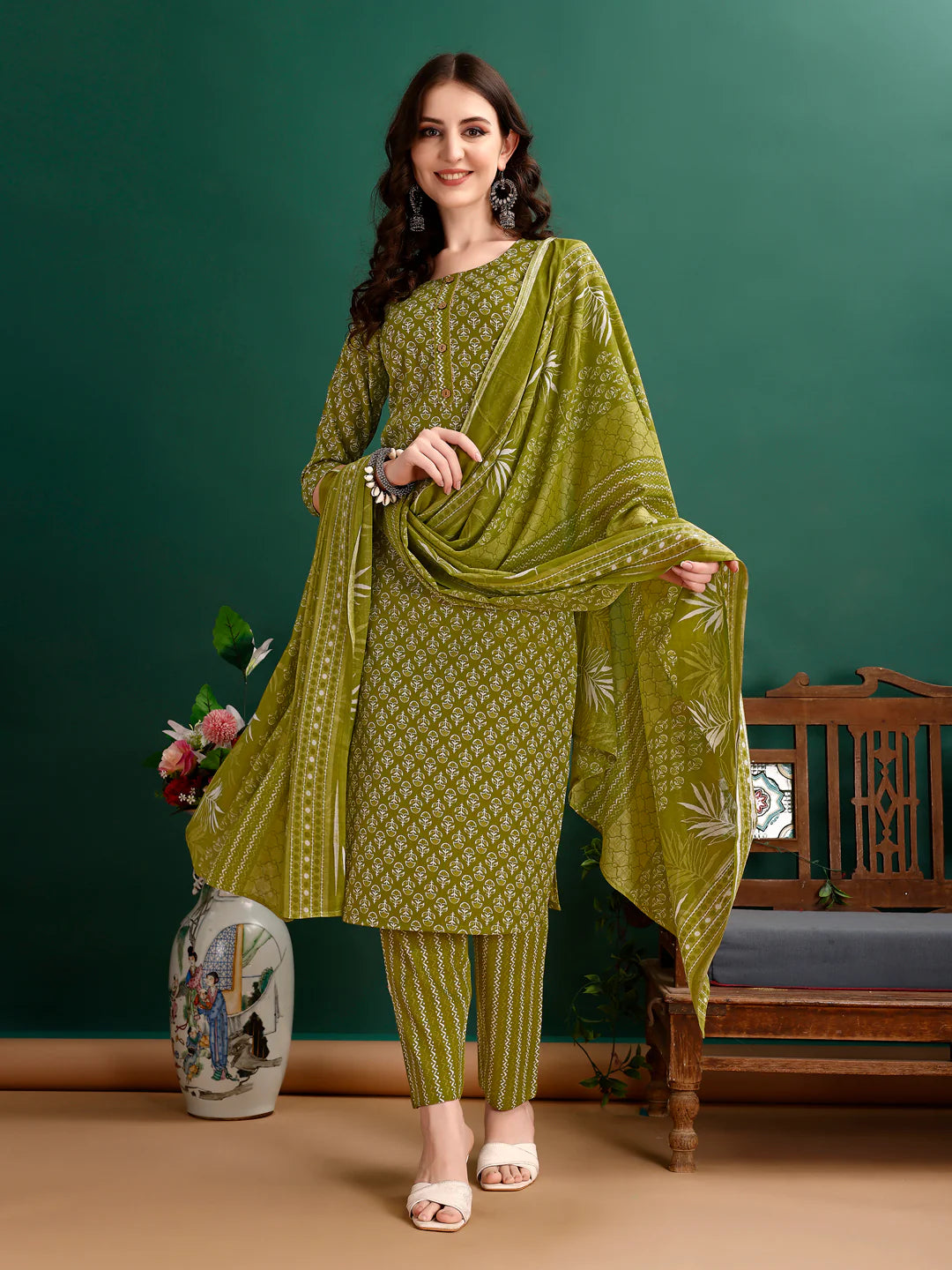 Ethnic Motifs Printed Green Cotton Kurta Pant With Dupatta