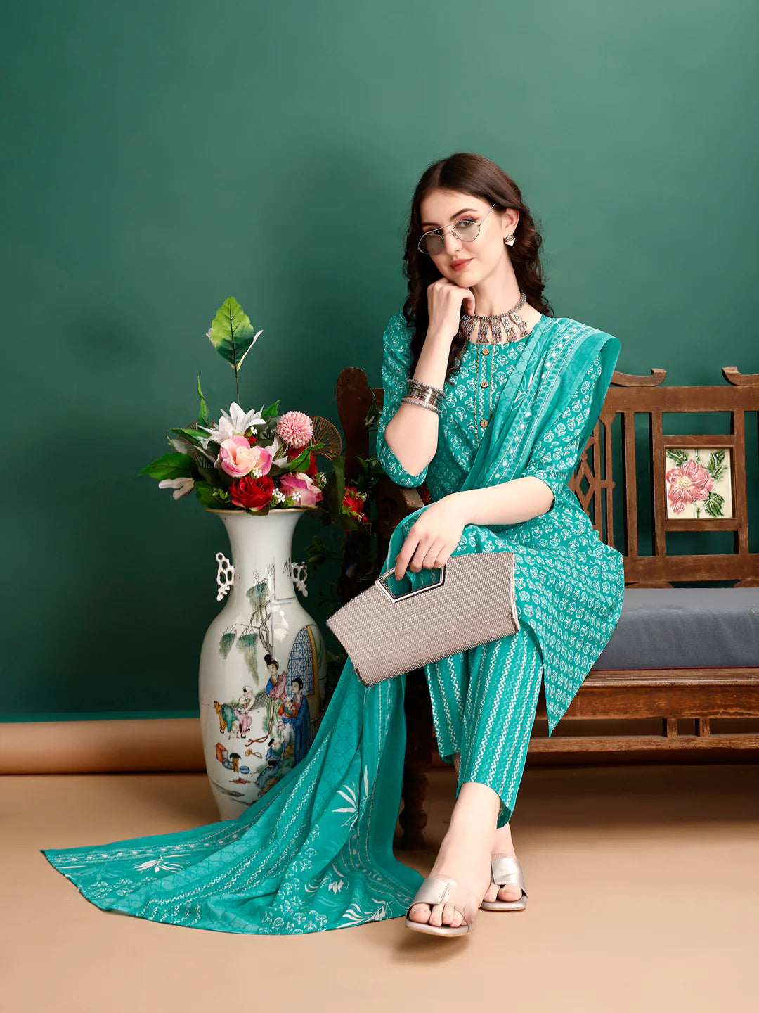 Ethnic Motifs Printed Sky Blue Cotton Kurta Pant With Dupatta