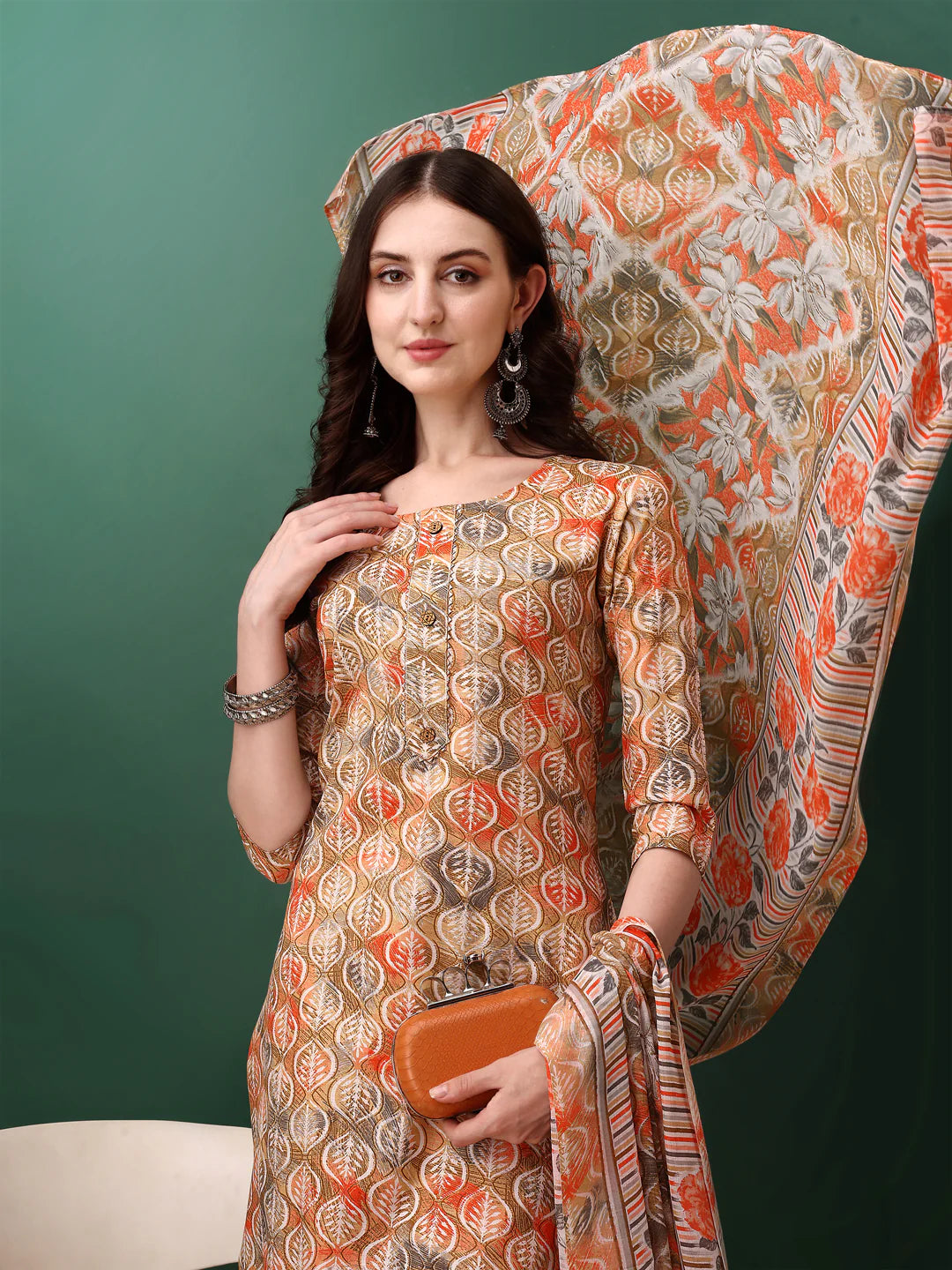Charming Orange Floral Printed Premium Cotton Kurta Pant With Dupatta