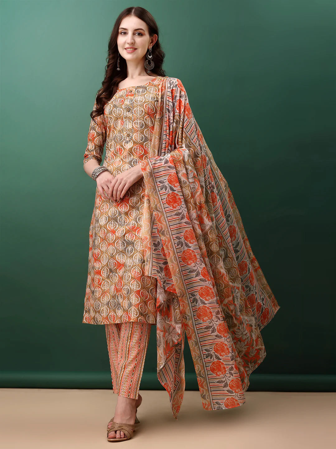 Charming Orange Floral Printed Premium Cotton Kurta Pant With Dupatta