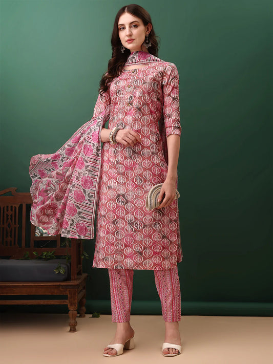 Pinky Pink Floral Printed Cotton Kurta Pant With Dupatta