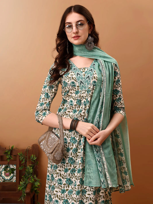 Sky Blue Floral Printed Cotton Kurta Pant With Dupatta