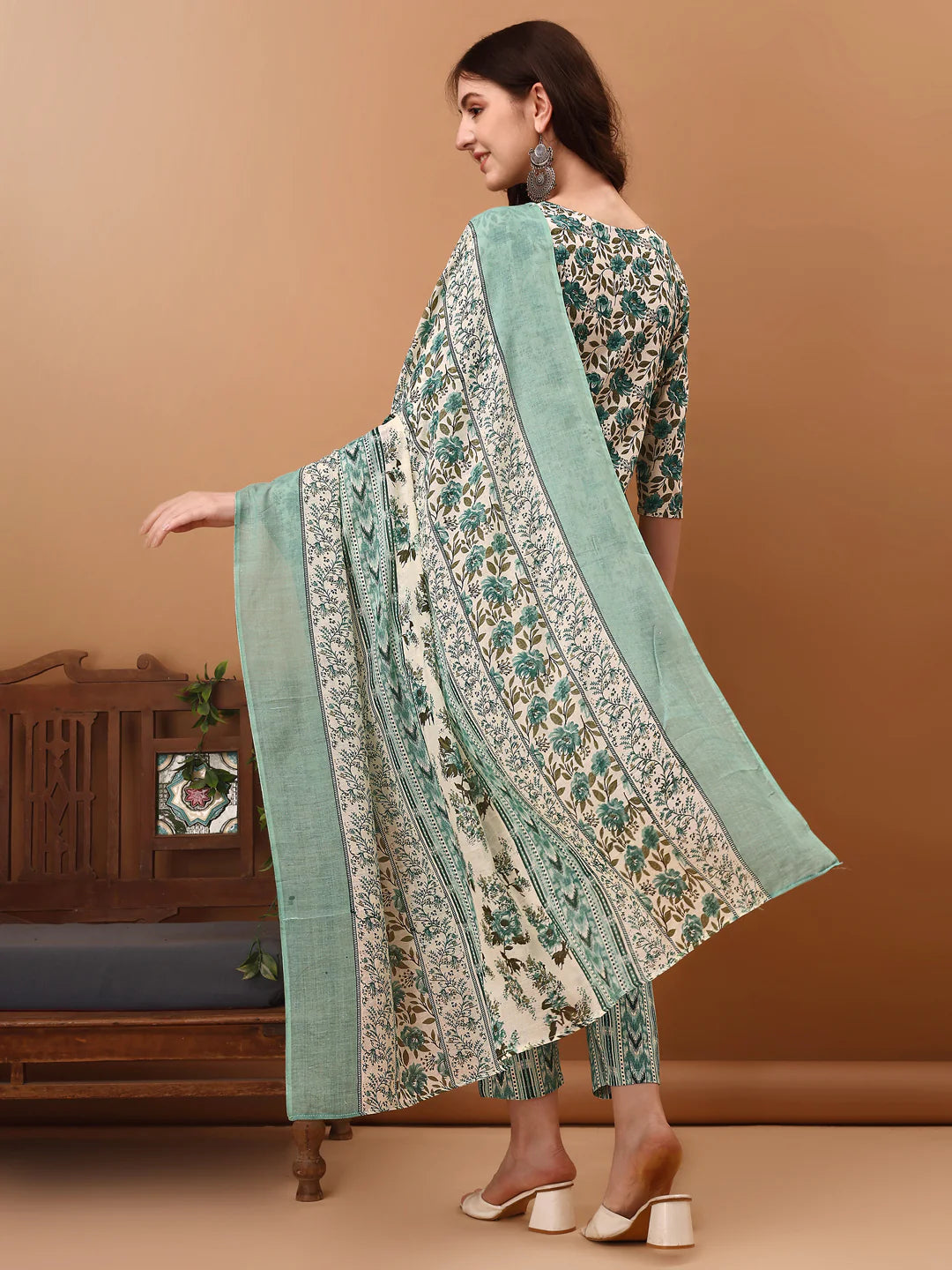 Sky Blue Floral Printed Cotton Kurta Pant With Dupatta