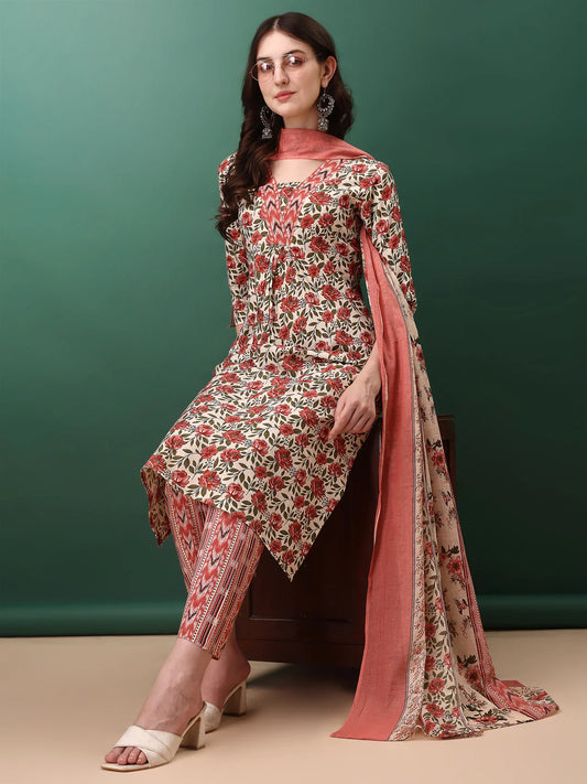 Fresh Pink Floral Printed Cotton Kurta Pant With Dupatta