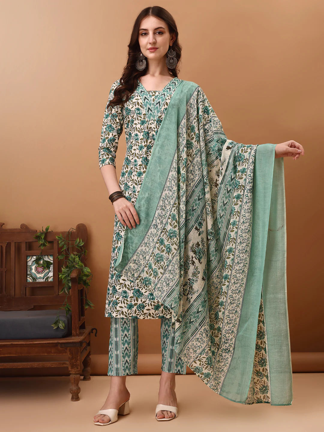 Sky Blue Floral Printed Cotton Kurta Pant With Dupatta