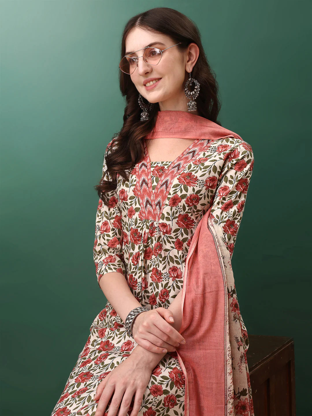Fresh Pink Floral Printed Cotton Kurta Pant With Dupatta