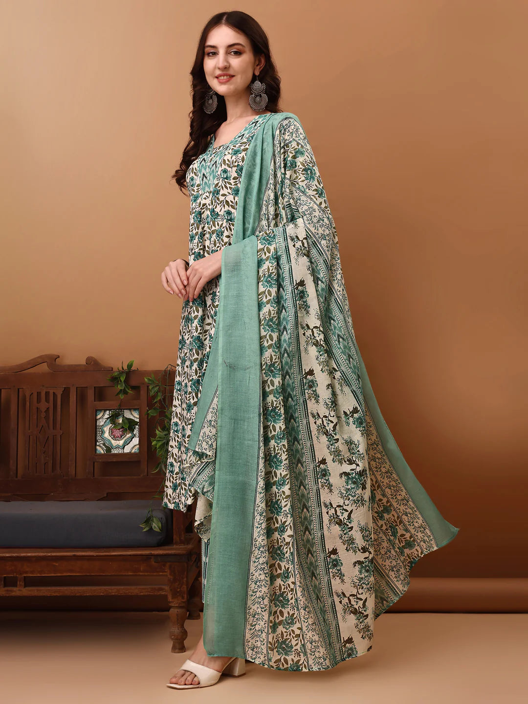 Sky Blue Floral Printed Cotton Kurta Pant With Dupatta