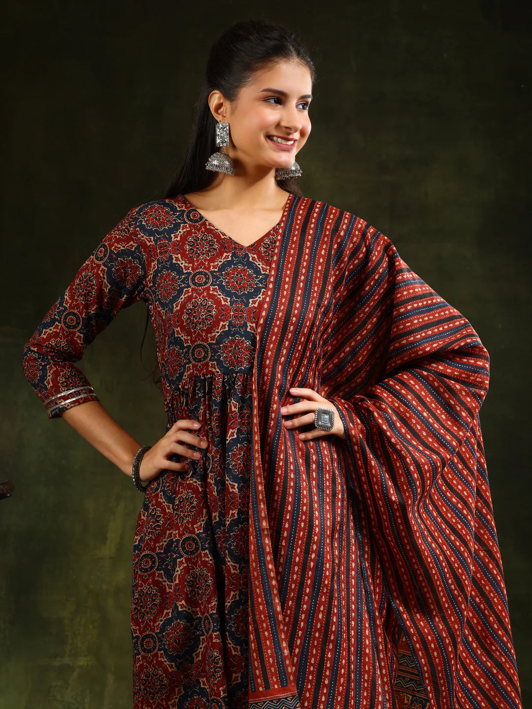 Rustic Red Floral Printed Anarkali Cotton Kurta Pant With Dupatta