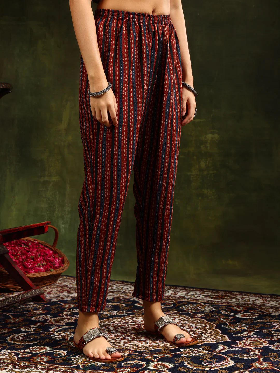 Rustic Red Floral Printed Anarkali Cotton Kurta Pant With Dupatta