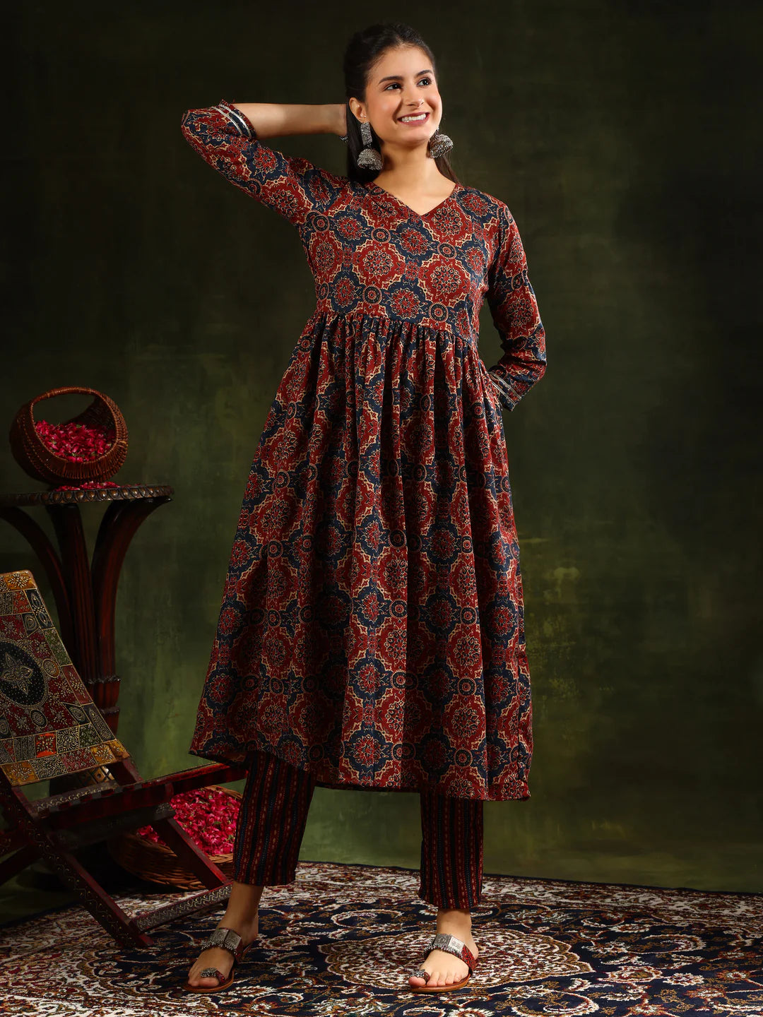Rustic Red Floral Printed Anarkali Cotton Kurta Pant With Dupatta