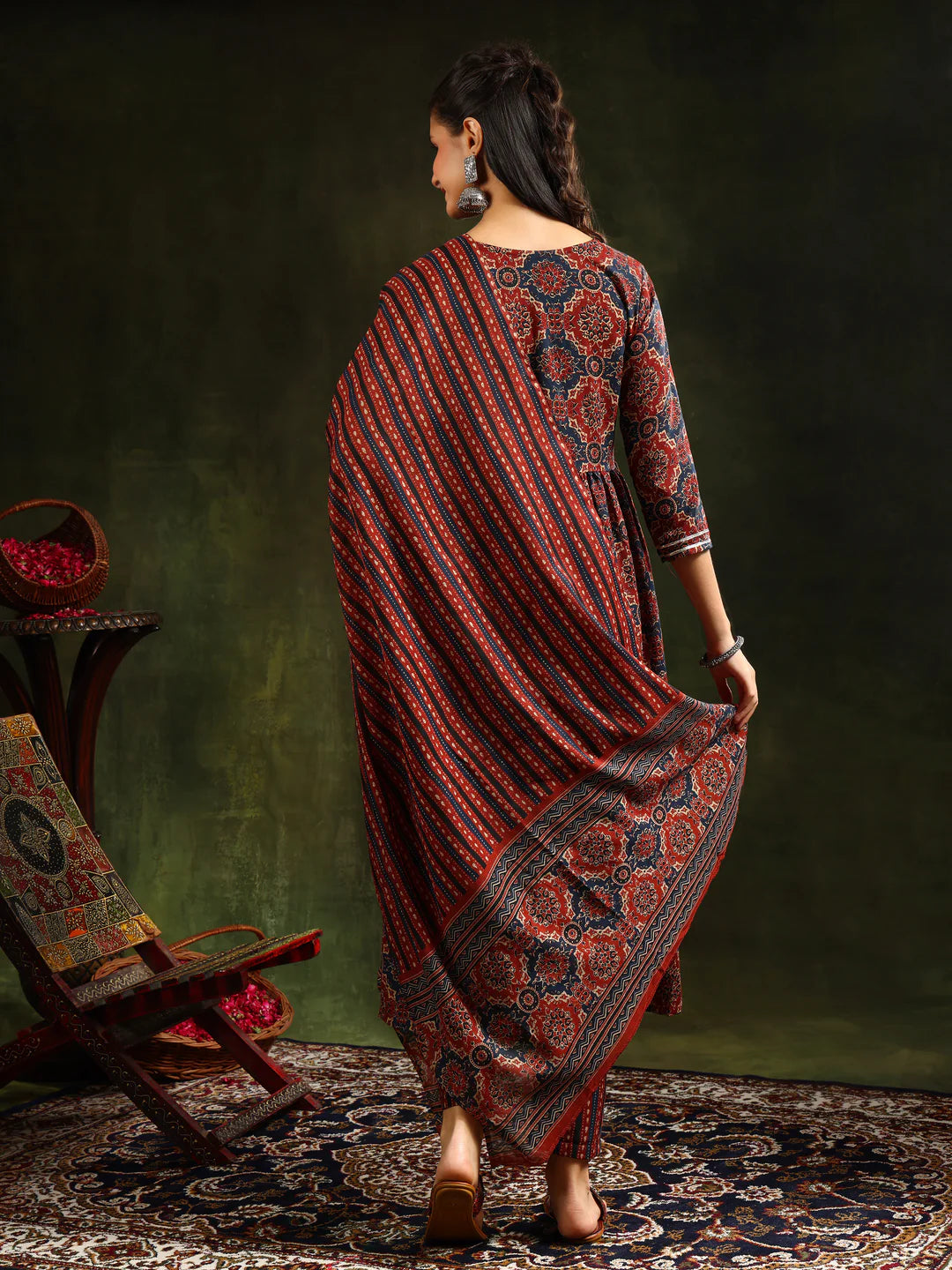 Rustic Red Floral Printed Anarkali Cotton Kurta Pant With Dupatta