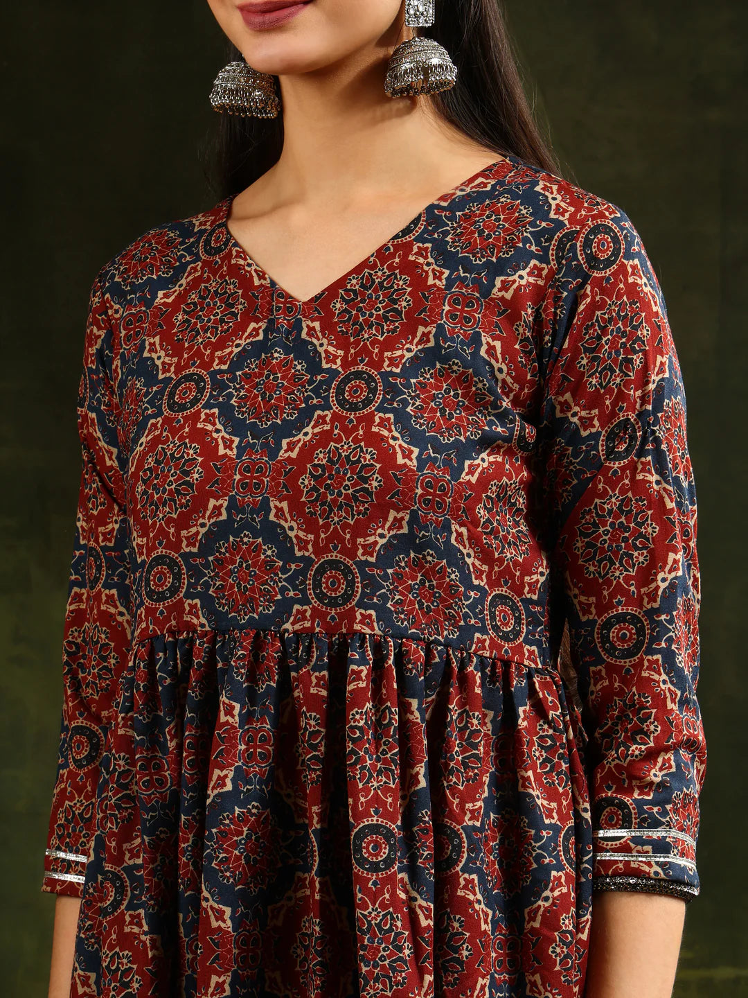 Rustic Red Floral Printed Anarkali Cotton Kurta Pant With Dupatta