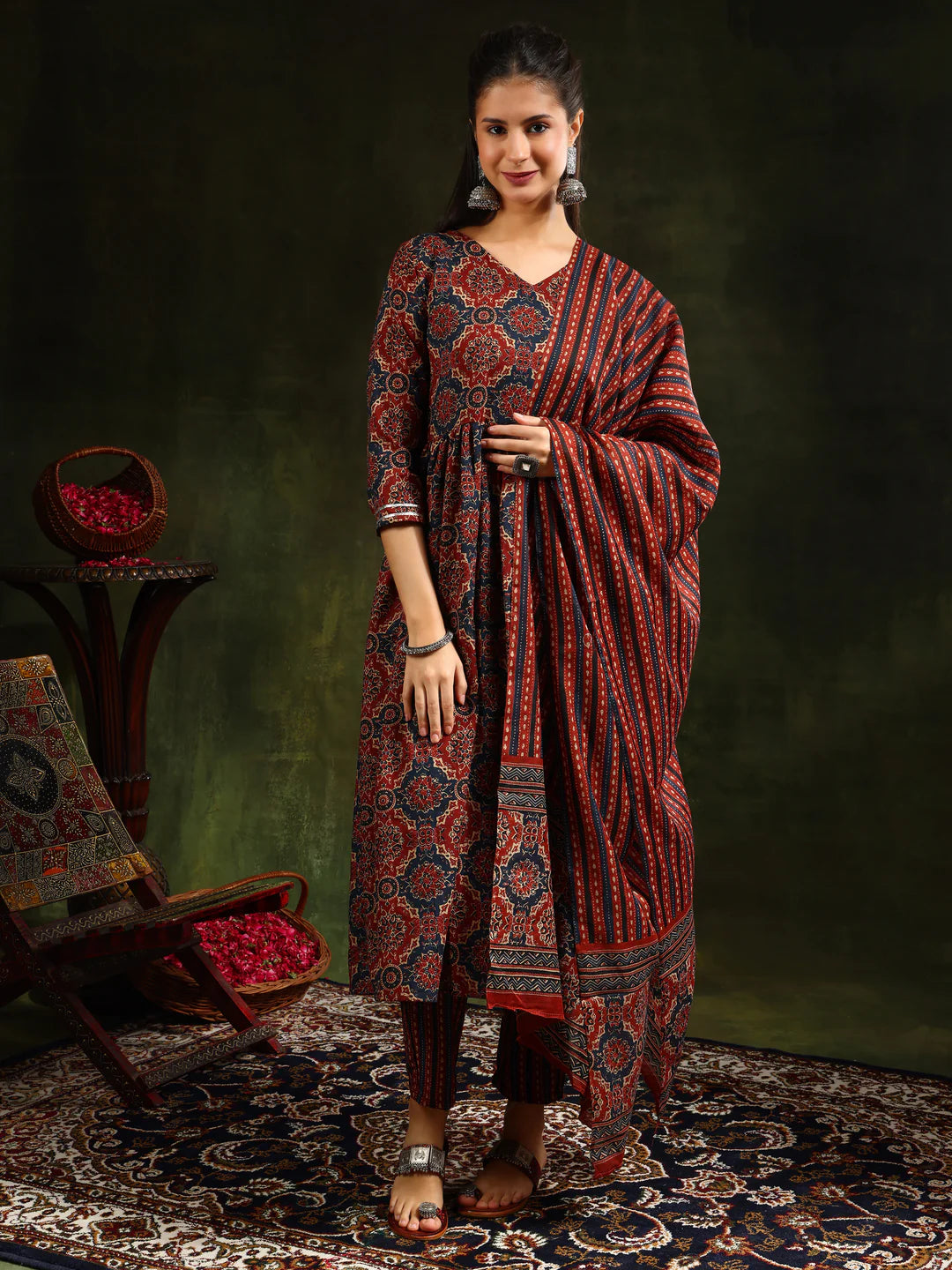 Rustic Red Floral Printed Anarkali Cotton Kurta Pant With Dupatta