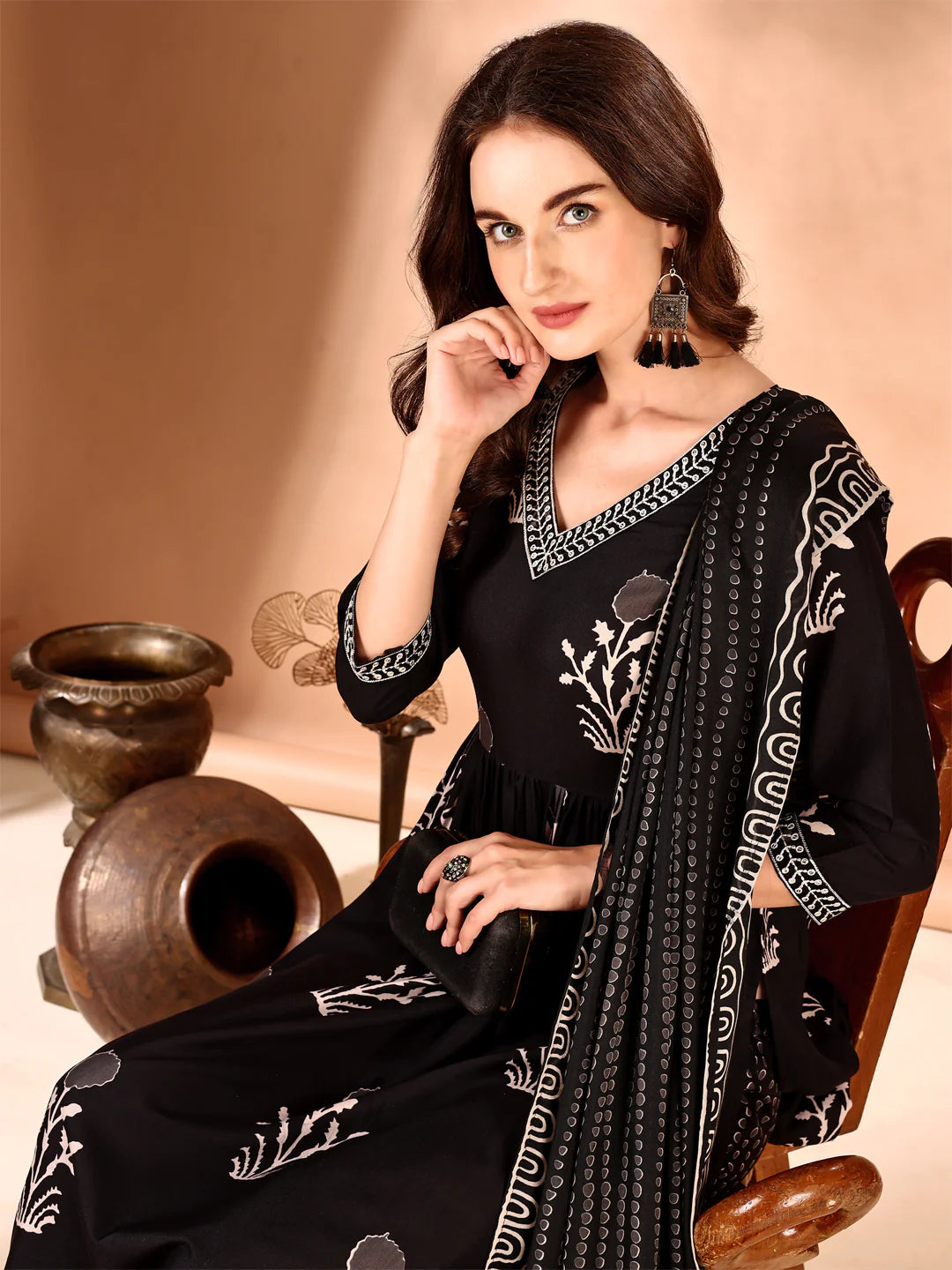 Black Embroidered And Ethnic Motifs Printed Flared Kurta Pant With Dupatta