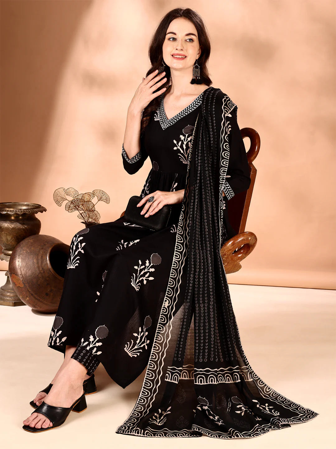 Black Embroidered And Ethnic Motifs Printed Flared Kurta Pant With Dupatta